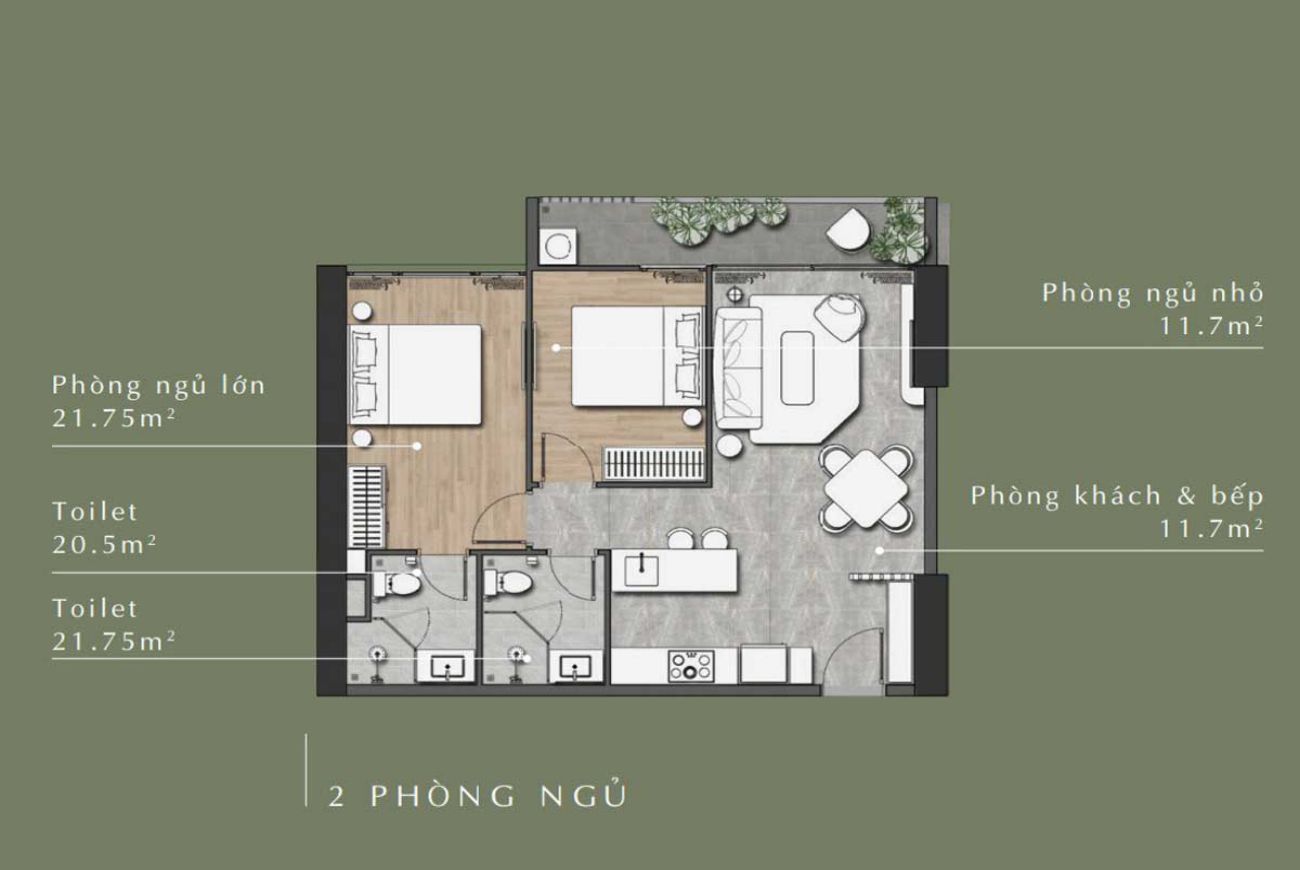 Thiết kế căn hộ 2 Phòng Ngủ