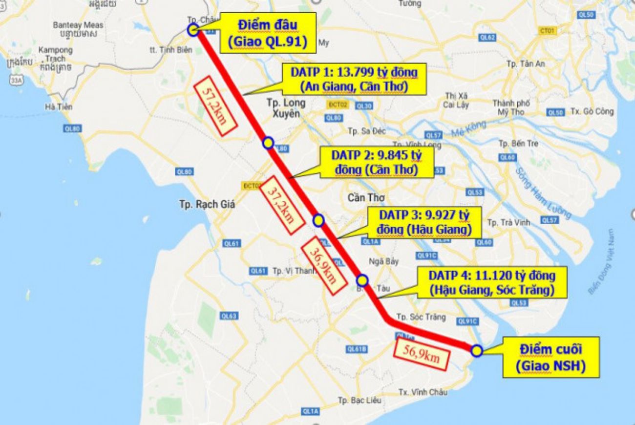 Dự kiến hướng tuyến dự án cao tốc Châu Đốc - Cần Thơ - Sóc Trăng.